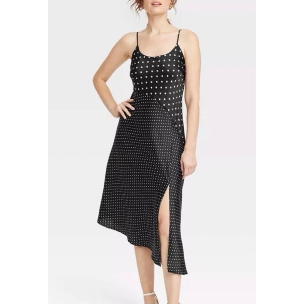 A‎ NEW DAY Womens Polka Dot Midi Slip Dress Black White Asymmetrical Slit